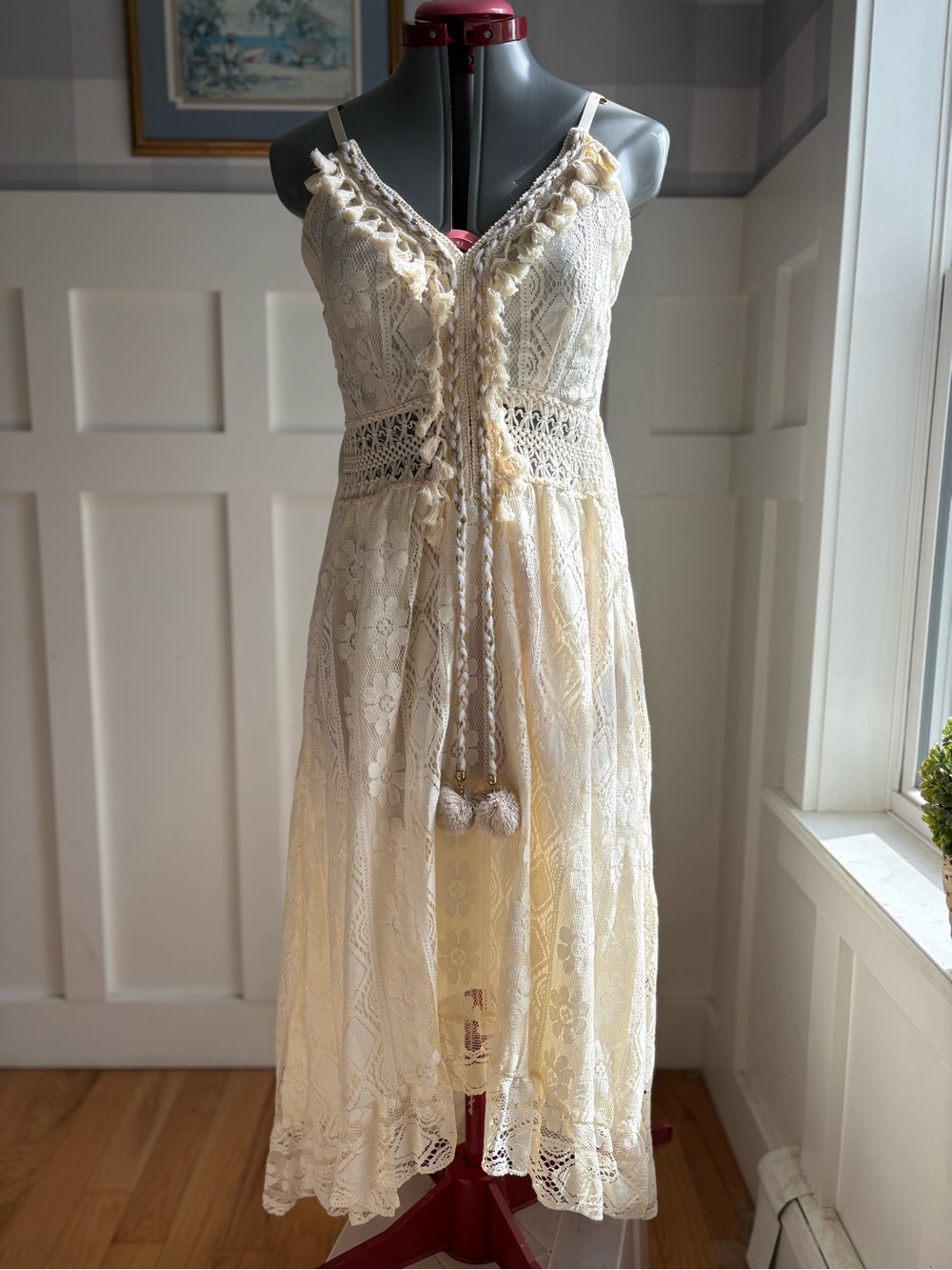 Boho Cream Lace Maxi Dress with Tassel Tie Small
